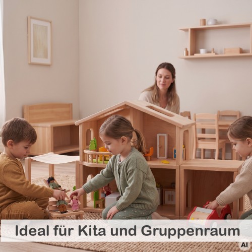 Kinder spielen mit einem Puppenhaus in der Kita